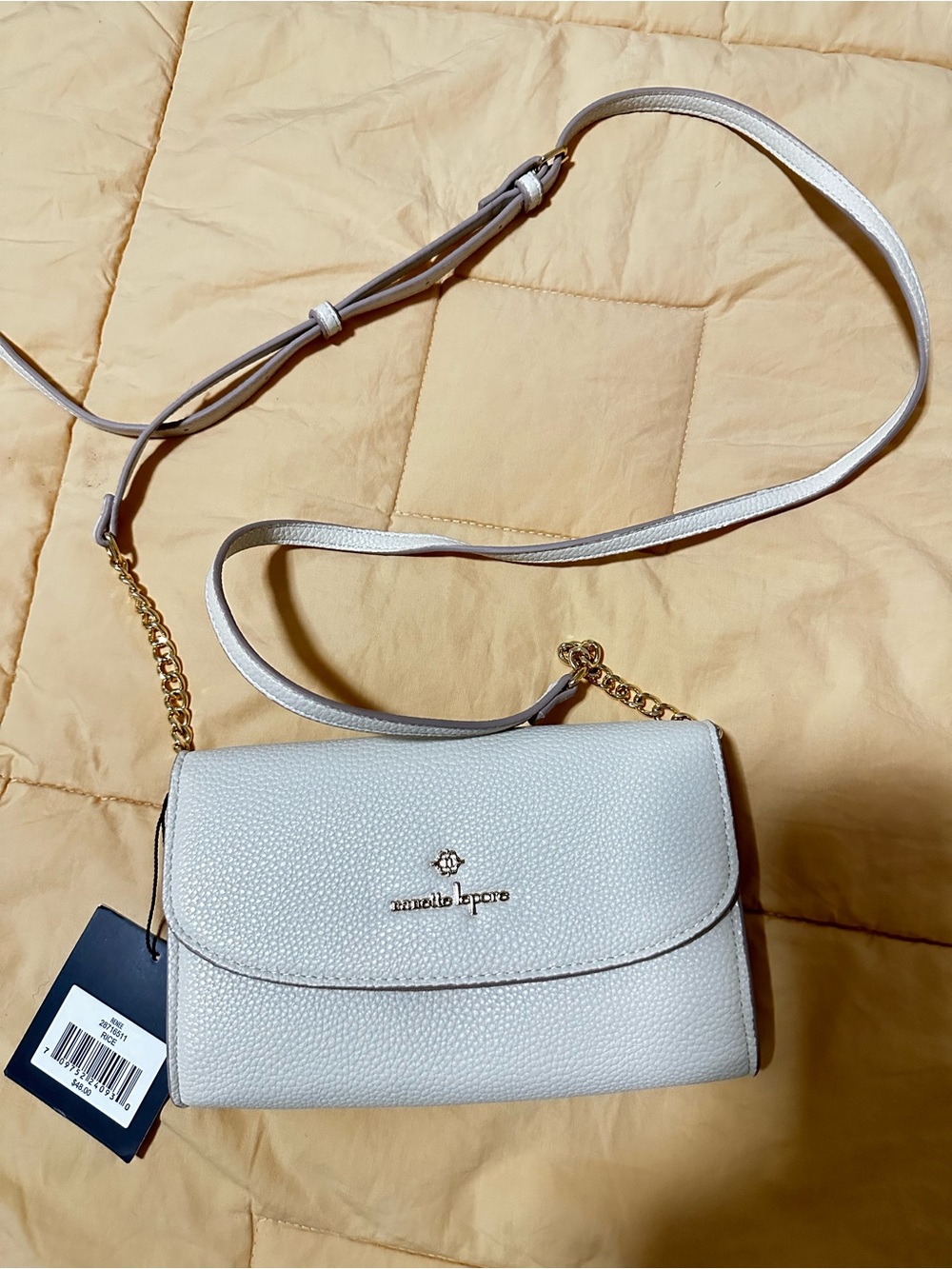 Nanette Lepore Cream Pebbled Leather Crossbody with Gold Chain Accent